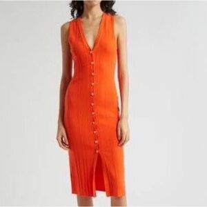 L'AGENCE Orange Sheath Midi Dress V-Neck Sleeveless